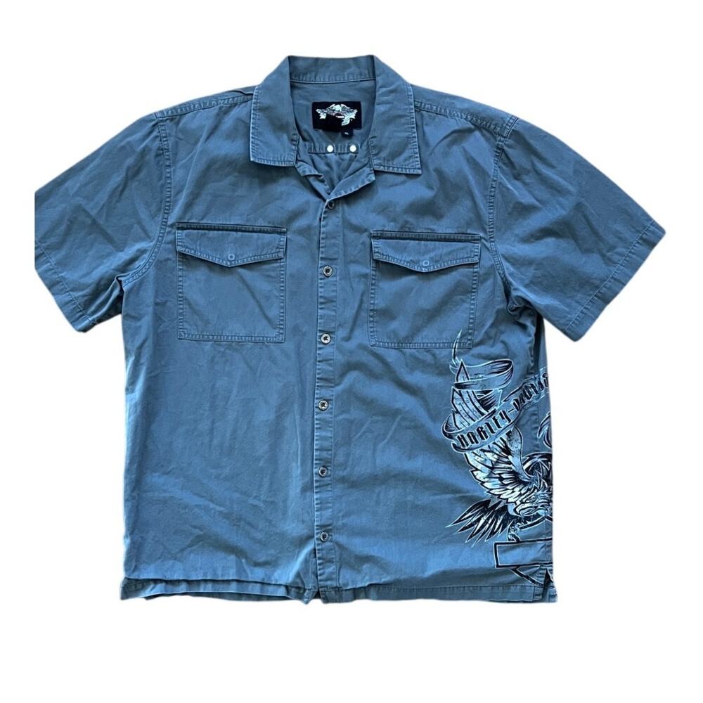 Harley Davidson Men's Size XL‎ Gray Short Sleeve Button Up Eagle Logo Shirt